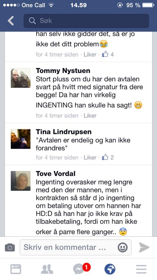 Utklipp fra netthets på Facebook fra Tina Lindrupsen og Tove Vordal